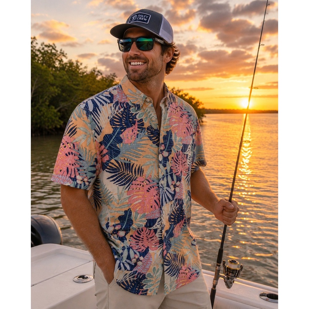 IZOD Saltwater Shirt Mens M Tropical Floral Hawaiian 100% Cotton Relaxed -386